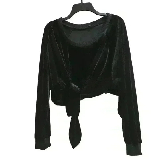 NUDE longsleeve black  velvet  tie front cropped top size medium - Picture 1 of 6